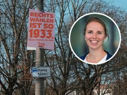 Een verkiezingsbordje in Berlijn en een foto van Nadia (Foto: Carlijn Kösters/Angeline Swinkels).