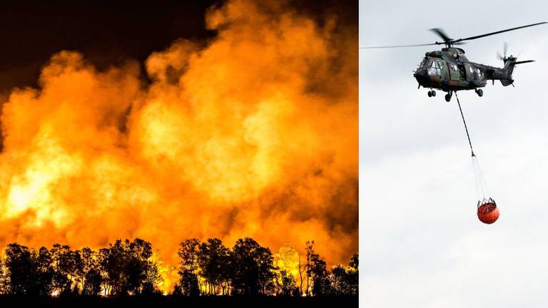 Er zijn weer blushelikopter ingezet bij het bestrijden van de brand. (Foto's: Rob Engelaar & Luchtmacht)