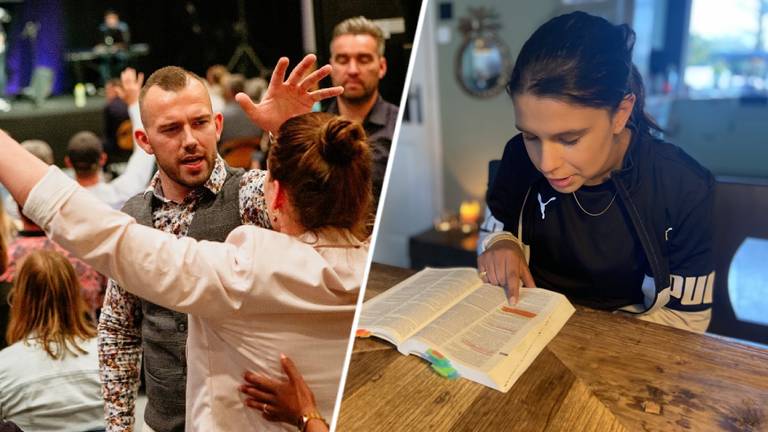 Tom de Wal tijdens een dienst/Elinde leest in haar bijbel (Foto: Facebook Frontrunners Ministries/Ilse Schoenmakers)