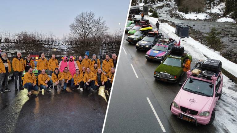 Het reisgezelschap (links) en de auto's waarmee ze rijden.