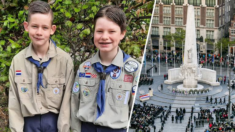 Niels (links) en Jurre zijn woensdagavond bij de Nationale Herdenking op de Dam (foto: Remko de Waal/ANP).