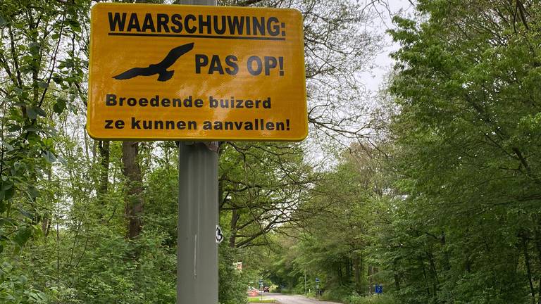 Sinds de aanvallen van de roofvogel zijn waarschuwingsborden in de Maashorst geplaatst (foto: Twitter natuurgebied De Maashorst).