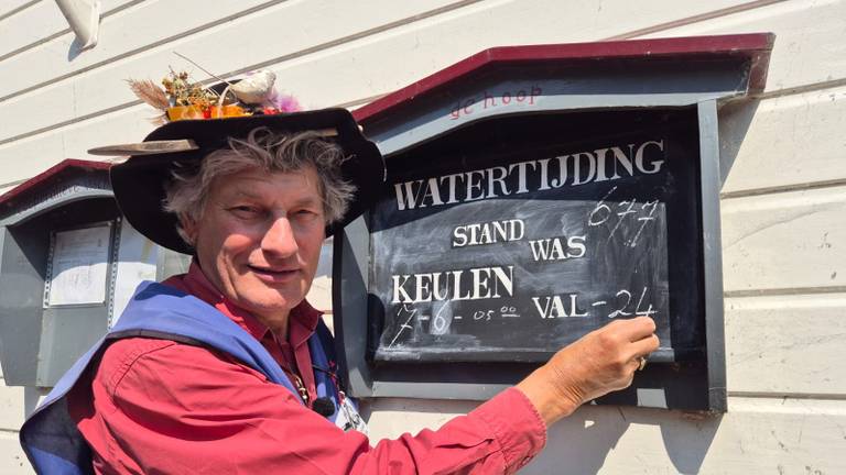 Jos Korthout uit Werkendam houdt dagelijks de waterstanden bij op een krijtbordje