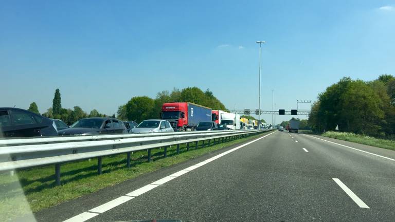 Het is weer eens druk op de A58 (foto: Karin Kamp).