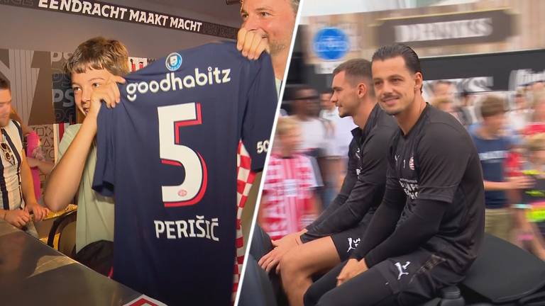 Links: een jonge fan met zijn nieuwe shirt. Rechts: Nick Olij krijgt een warm welkom (foto: Omroep Brabant)