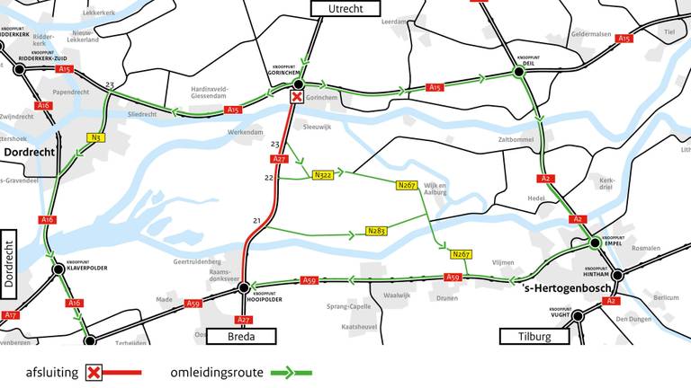 Het verkeer richting Breda wordt dit weekend vanaf knooppunt Gorinchem omgeleid via de A15, A2 en de A59 of via de A15, N3 en de A16 (afbeelding: Rijkswaterstaat).