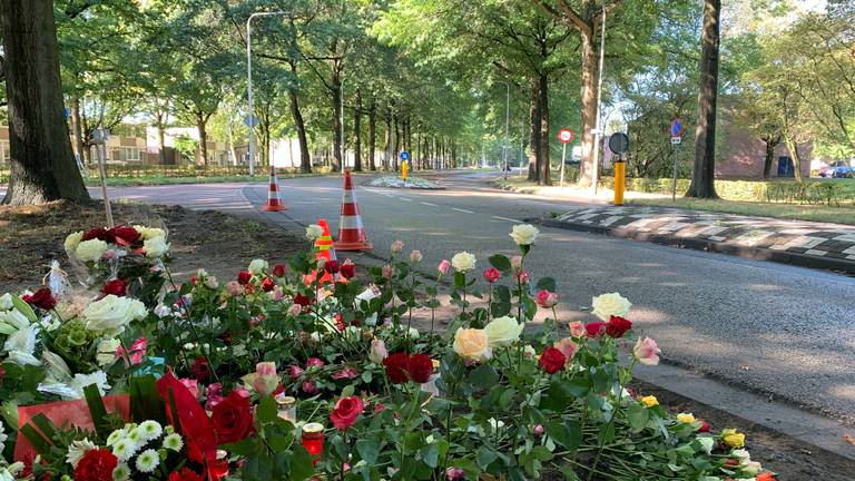 Nadat een man (27) op de Sweelincklaan in Tilburg uit de bocht vloog en overleed, werden bloemen neergelegd (foto: Jessica Ranselaar).