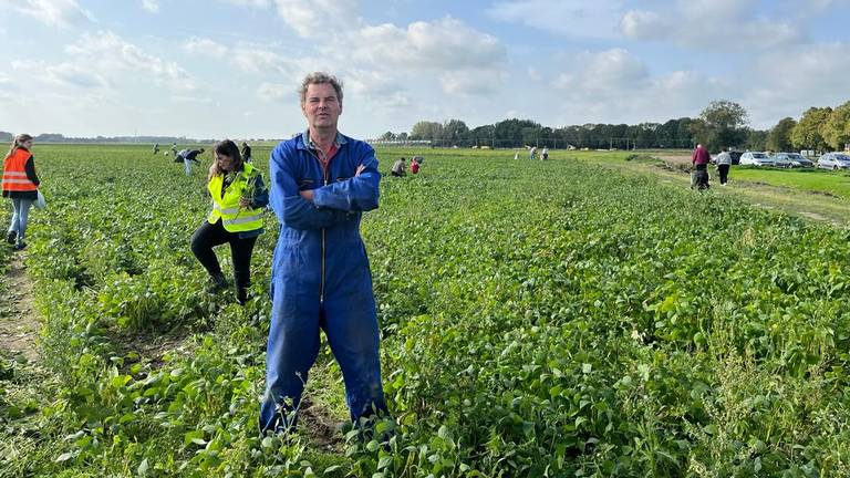 Boer Joop tussen zijn sperziebonen die overbodig zijn geworden (foto: Megan Hanegraaf).