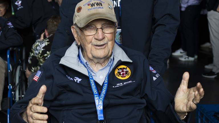 Jack Myers (101) is een van de veteranen die afgelopen week bij de herdenkingen was (foto: ANP).