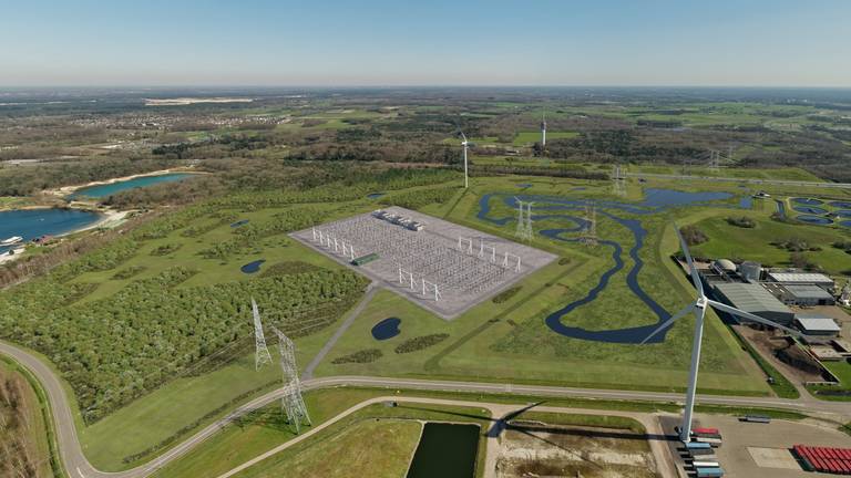 Impressie van het 380 kV hoogspanningsstation dat aan de noordkant van Tilburg wordt gebouwd (beeld: TenneT).