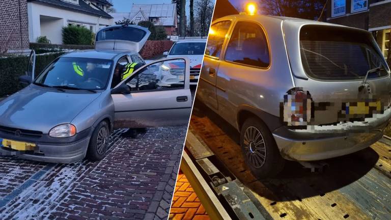 De auto van de drugsgebruiker in Someren wordt na onderzoek afgevoerd (foto's: politie).