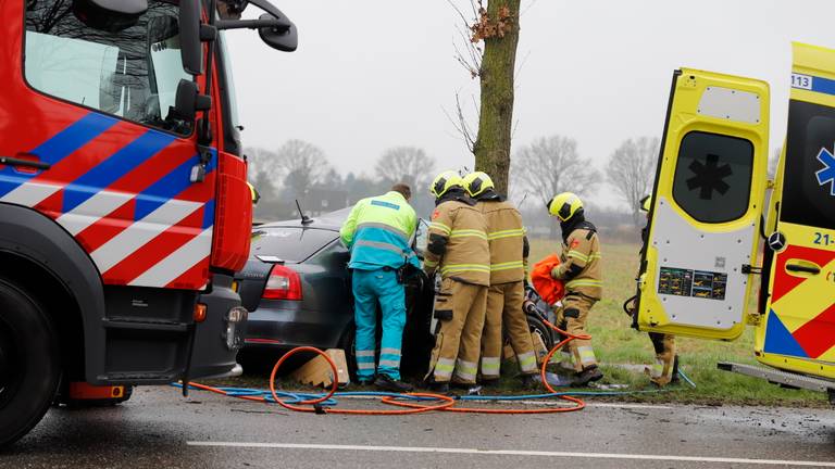 De auto eindigde tegen een boom langs  de Kalkhofseweg in Haps (foto: SK-Media).