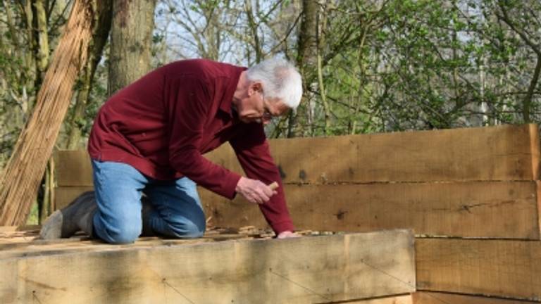 Een vrijwilliger herstelt de 350 jaar oude eendenkooi in de Maaspoort (foto:Rut Stokmans)