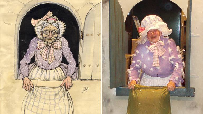 On the left the sketch by Anton Pieck, on the right Ella Jansen as a model.