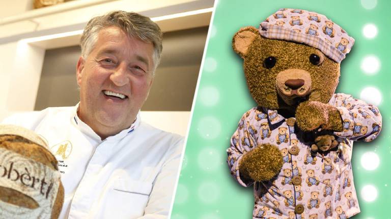 Robèrt van Beckhoven totaal onherkenbaar als teddybeer (foto Robèrt: ANP, foto teddybeer: RTL4).