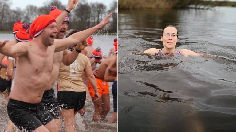 Rechts op de foto Angélique Vloet in het koude water (foto: archief en Angélique Vloet).