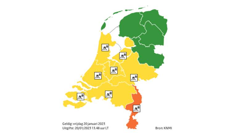 Code geel in Brabant, oranje in Limburg (foto: KNMI).