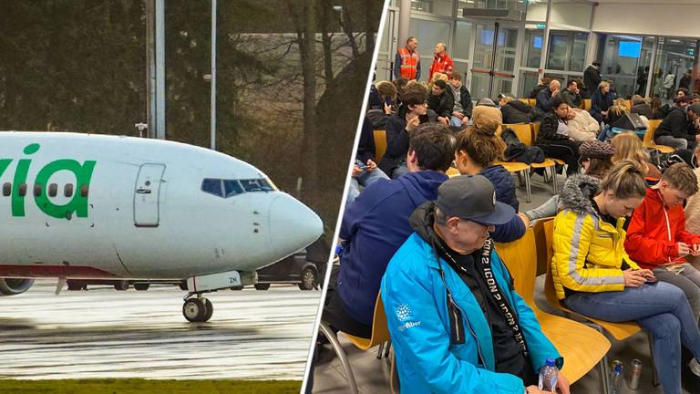 Het vliegtuig en de passagiers in de terminal.