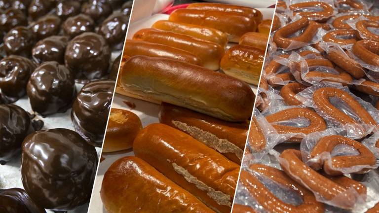 Bossche bollen, worstenbroodjes en rookworst (foto's: Karin Kamp, ANP).