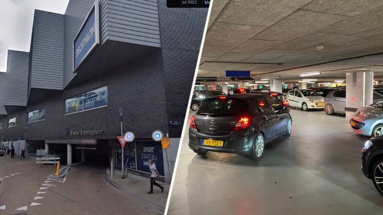 De parkeergarage aan het Pieter Vreedeplein (foto: Google) / foto rechts: auto's die niet weg konden uit de garage. 