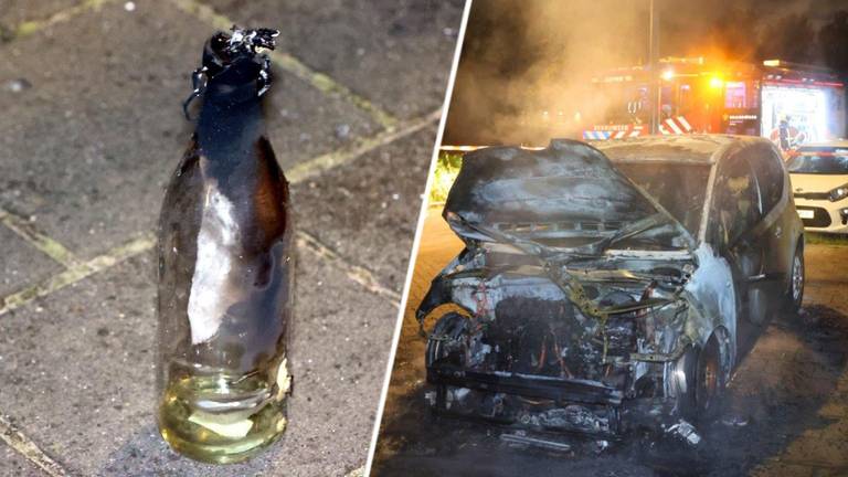Links: een van de flessen die gegooid is, rechts: de auto die uitgebrand is (foto's: Bart Meesters / SQ Vision).
