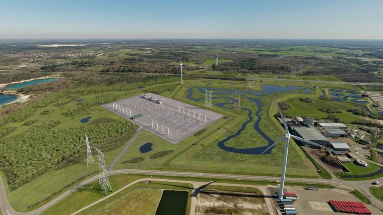 Impressie van het 380 kV hoogspanningsstation dat aan de noordkant van Tilburg wordt gebouwd (beeld: TenneT).