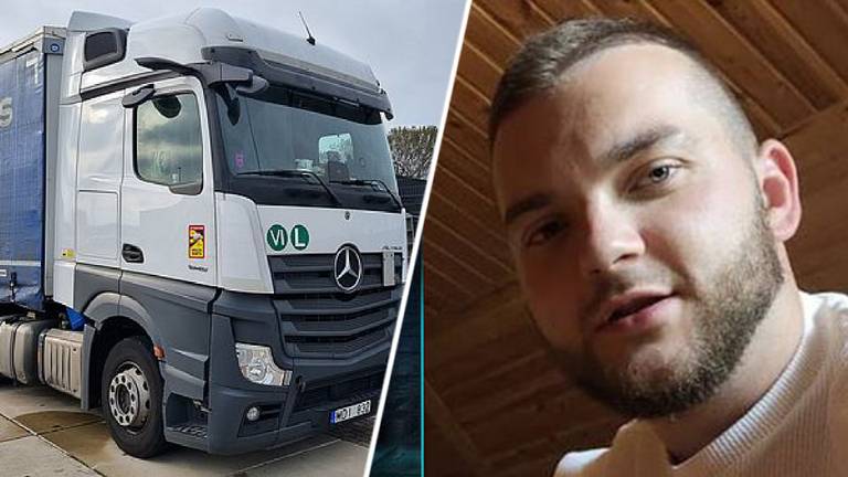 Maksim Hyrn en de vrachtwagen waar hij in reed die dag (foto's: politie). 