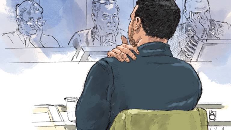 Sil A. maandag bij het begin van zijn proces in Arnhem (tekening: ANP/Aloys Oosterwijk)