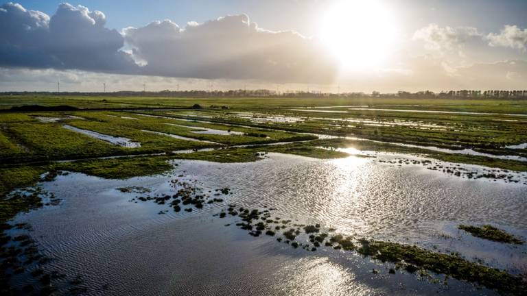 Een dronefoto van ondergelopen velden en akkers. Vanwege de aanhoudende regenval stijgt het grondwaterpeil en komt veel landbouwgrond onder water te staan met desastreuse gevolgen voor de oogst (Foto: ANP).