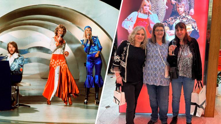 Links: ABBA tijdens het songfestival in 1974. Rechts: Helga, Heleen en mede-fancluboprichter Anita in Stockholm (foto: SCANPIX SWEDEN / eigen foto)