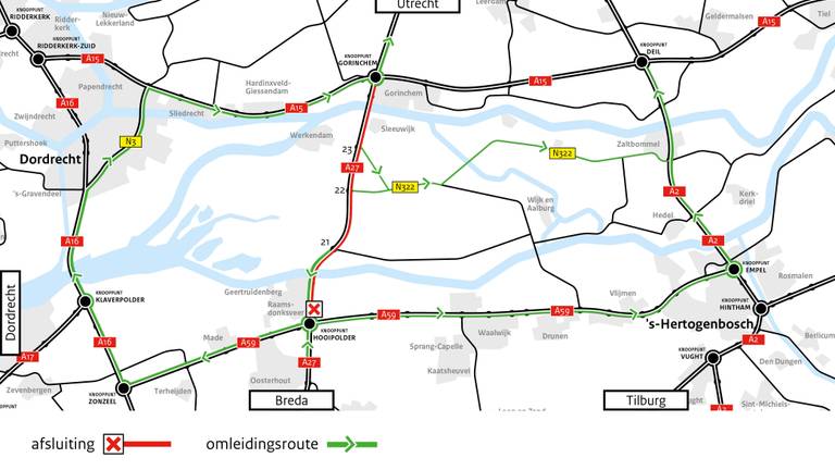 Dit weekend wordt er gewerkt aan de A27 en zijn er omleidingsroutes richting Utrecht. (foto:Rijkswaterstaat)