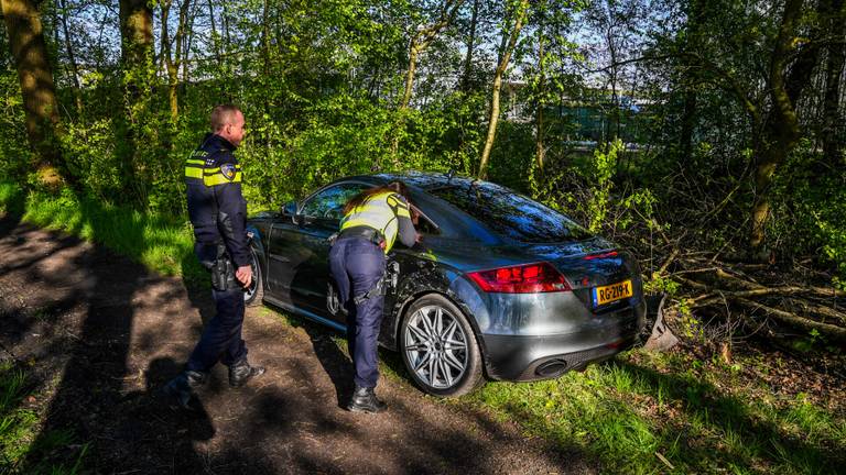 Een bestuurster reed de bosjes in tijdens de politieachtervolging (foto: Dave Hendriks/SQ Vision).