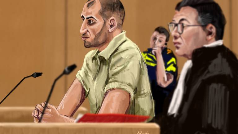 Omar E. met zijn advocaat (tekening: Nicole van den Hout/ANP).