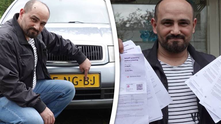De 42-jarige Abdullah uit Rotterdam-Bloemhof bij zijn auto en met zijn parkeerboetes (foto: Rijnmond).