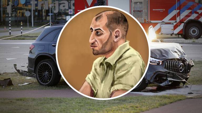 Omar E. met op de achtergrond zijn auto (Foto: Omroep Brabant/ rechtbanktekening: Nicole van den Hout) 