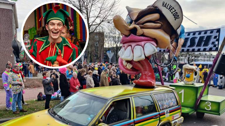 Stijn van Beek en de wagen die de Blauwneuzen voor carnaval 2024 bouwden (privéfoto's).