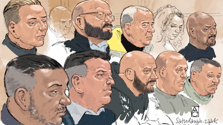 De negen verdachten, onder wie vijf Brabanders (foto: rechtbanktekening Aloys Oosterwijk ANP)