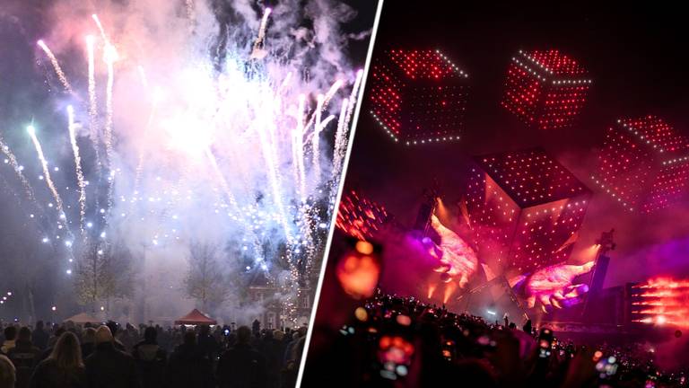 Links: de vuurwerkshow in Valkenswaard (archieffoto); Rechts: een droneshow van TWOFIFTYK (foto: TWOFIFTYK)