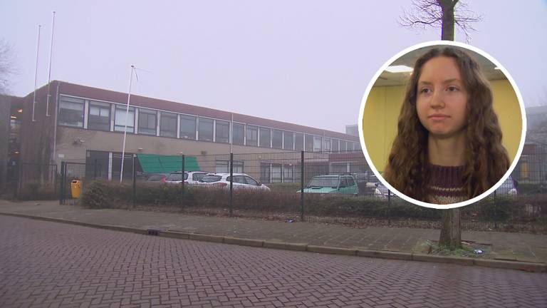 Oekraïnsche studente Yaroslavna Zahiruiko verblijft met haar moeder en hond op een klein kamertje in de school (foto: Omroep Brabant)