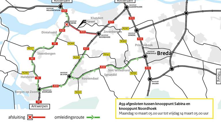 De A59 is maandagmorgen vroeg tot vrijdagmorgen 5 uur afgesloten (Plaatje: Rijkswaterstaat)