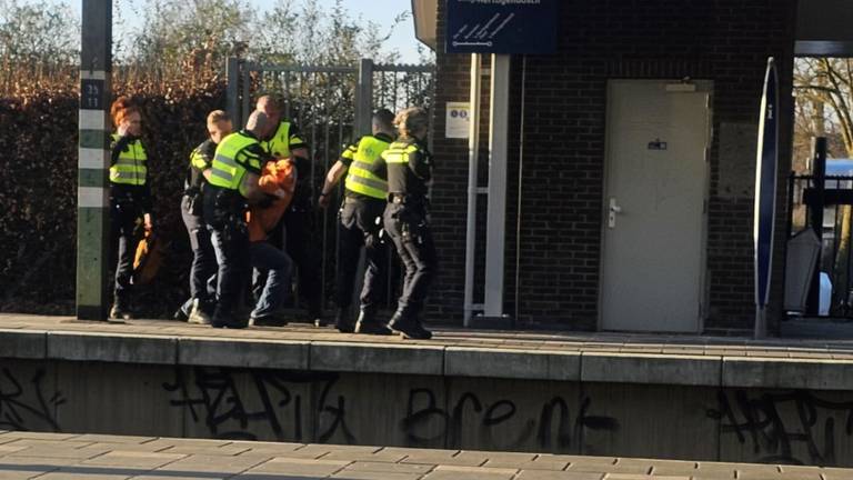 Agenten arresteren een man op het station Oss-West (foto: Omroep Brabant).