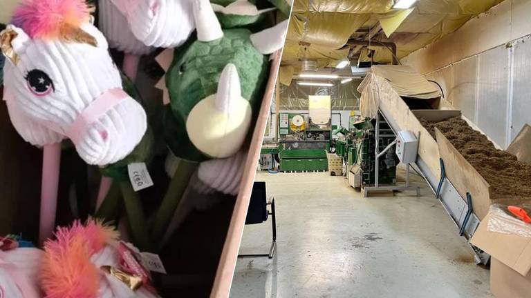 In Roosendaal werden de sigaretten tussen de knuffels gevonden en in Blader is een illegale sigarettenfabriek opgedoekt (beeld: politie en SQ Vision).