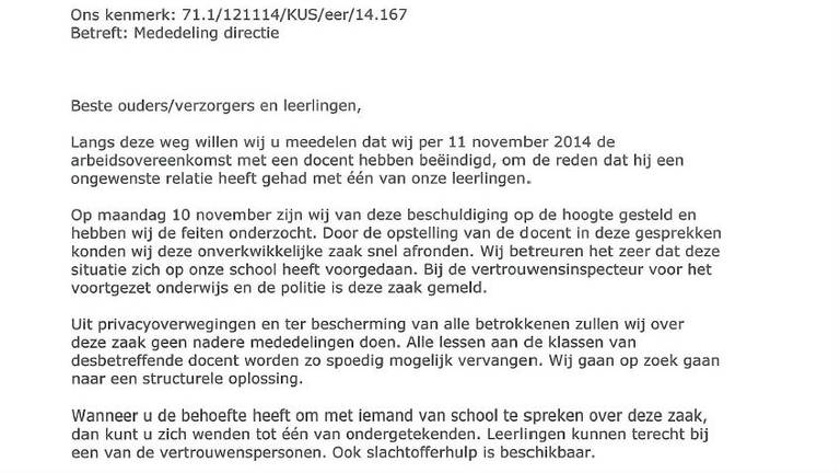 De brief van de school aan ouders