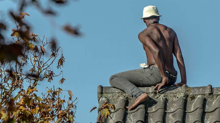 Na driekwartier kon de verwarde, halfnaakte man van het dak worden gehaald. (Foto: Rob Engelaar)