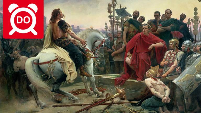Vercingetorix gooit zijn wapens voor de voeten van Julius Caesar (schilder: Lionel Noel Royer, 1899)