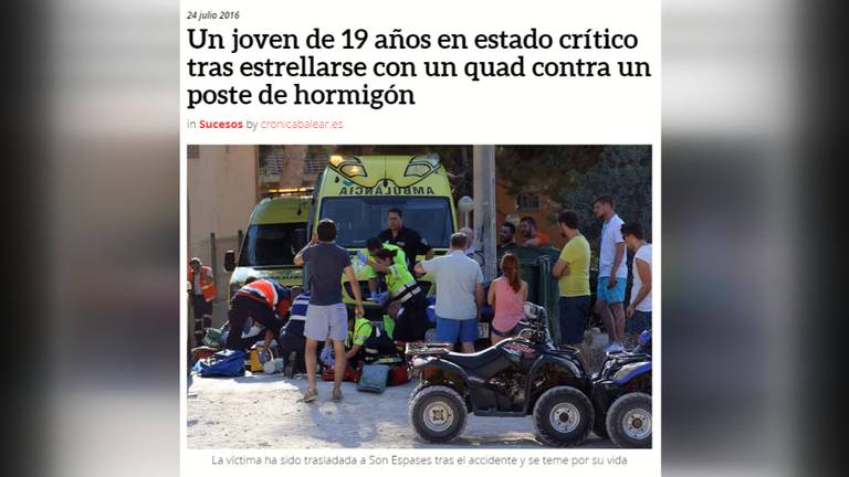 Het ongeluk van Rick van Beijnen stond op de website van de krant Crónica Balear.