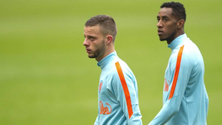 Bart Ramselaar en Joshua Brenet op een training van Oranje. (Foto: VI Images)