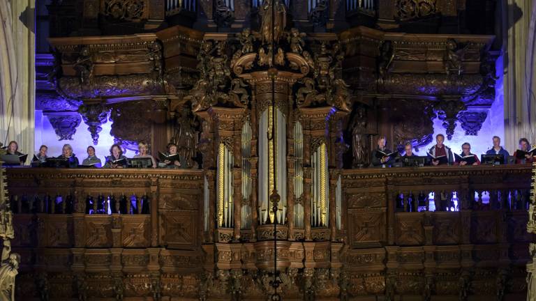 Een deel van het koor staat bij het Boschrequiem naast het orgel van de St Jan (foto Ben Nienhuis)