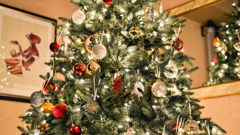 Een versierde kerstboom draagt bij aan de sfeer van het kerstdiner