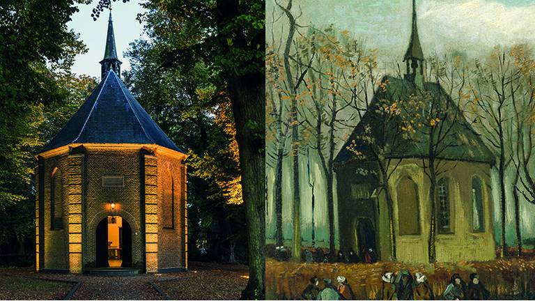 Het Van Goghkerkje op het schilderij én in werkelijkheid 